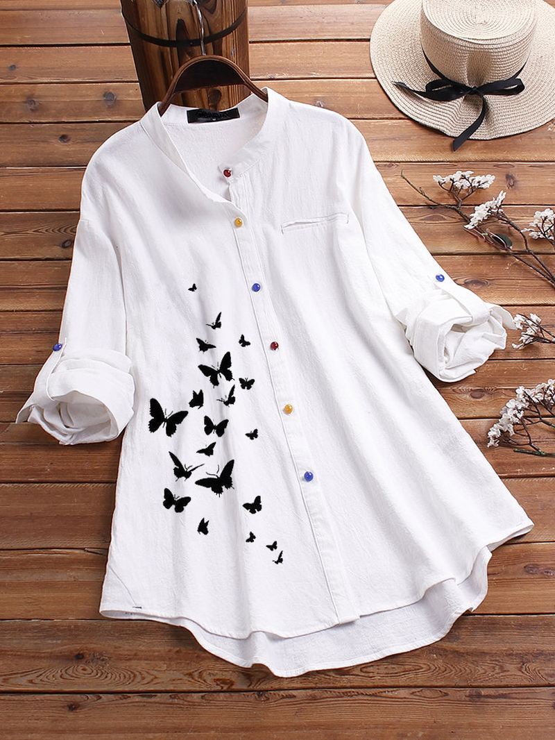 Butterfly Med Tryk Button Causal Shirts Bluse