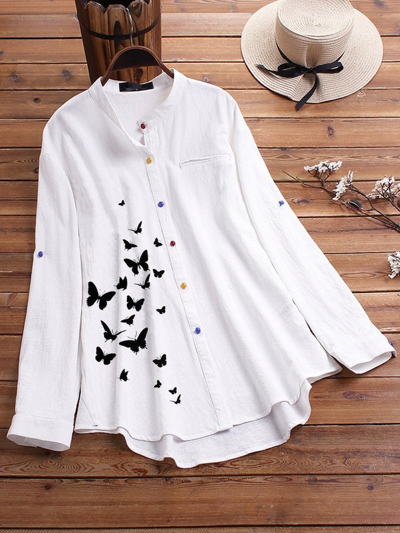 Butterfly Med Tryk Button Causal Shirts Bluse