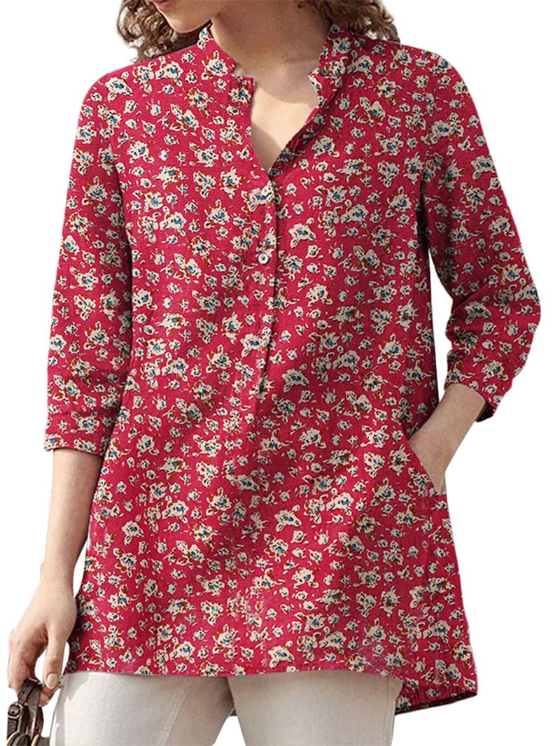 Kvinder 100% Bomuld Blomsterfritid Bohemian Retro Style V-hals Sidelommer Bluse