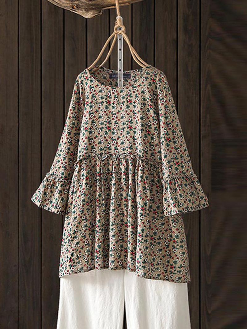 Kvinder Casual Blomstertrykt O-hals 3/4 Flare Sleeve Bluse