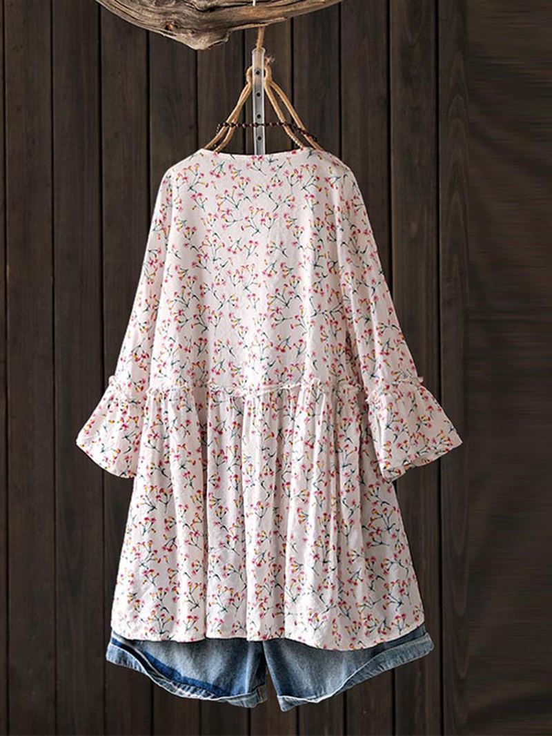 Kvinder Casual Blomstertrykt O-hals 3/4 Flare Sleeve Bluse