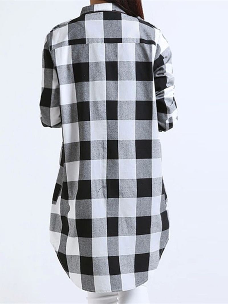 Kvinder Casual Langærmet Plaid Løs Pocket Button Lange Bluser