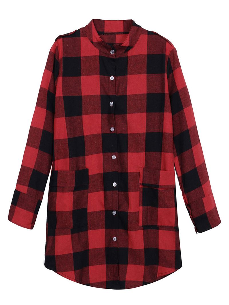 Kvinder Casual Langærmet Plaid Løs Pocket Button Lange Bluser