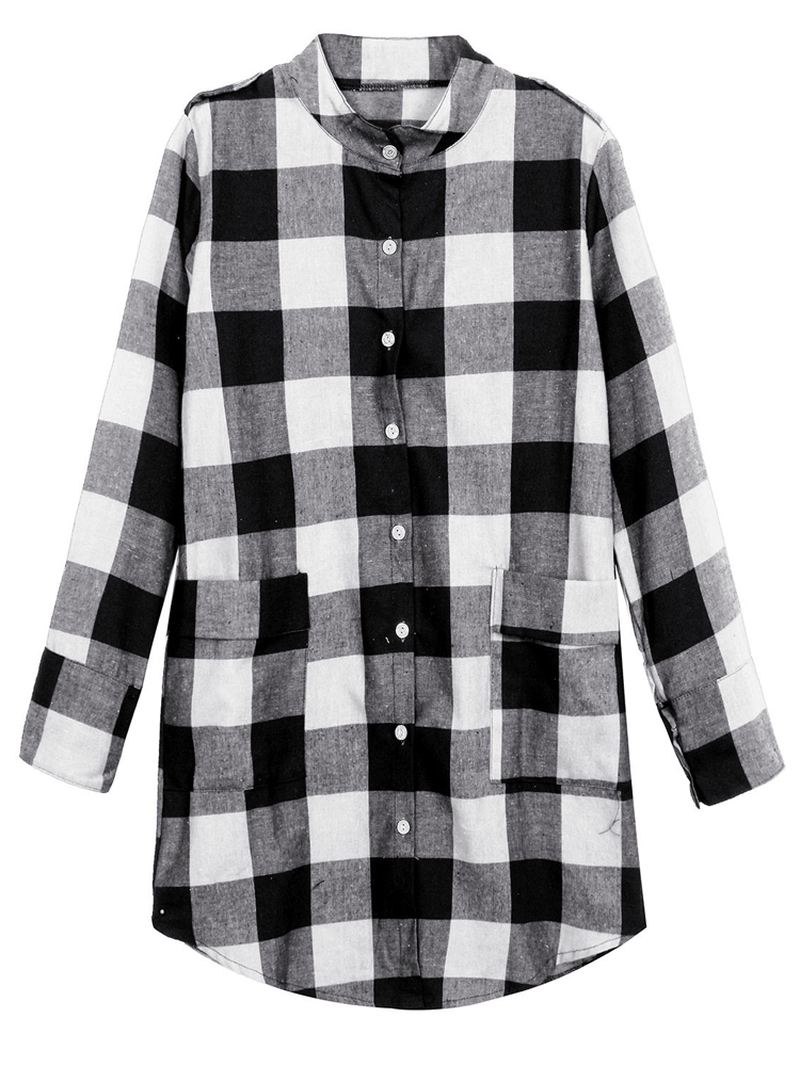 Kvinder Casual Langærmet Plaid Løs Pocket Button Lange Bluser