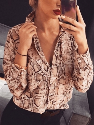Kvinder Cobra Snake Printed Langærmet Button Shirt Stilfuld Button Bluse
