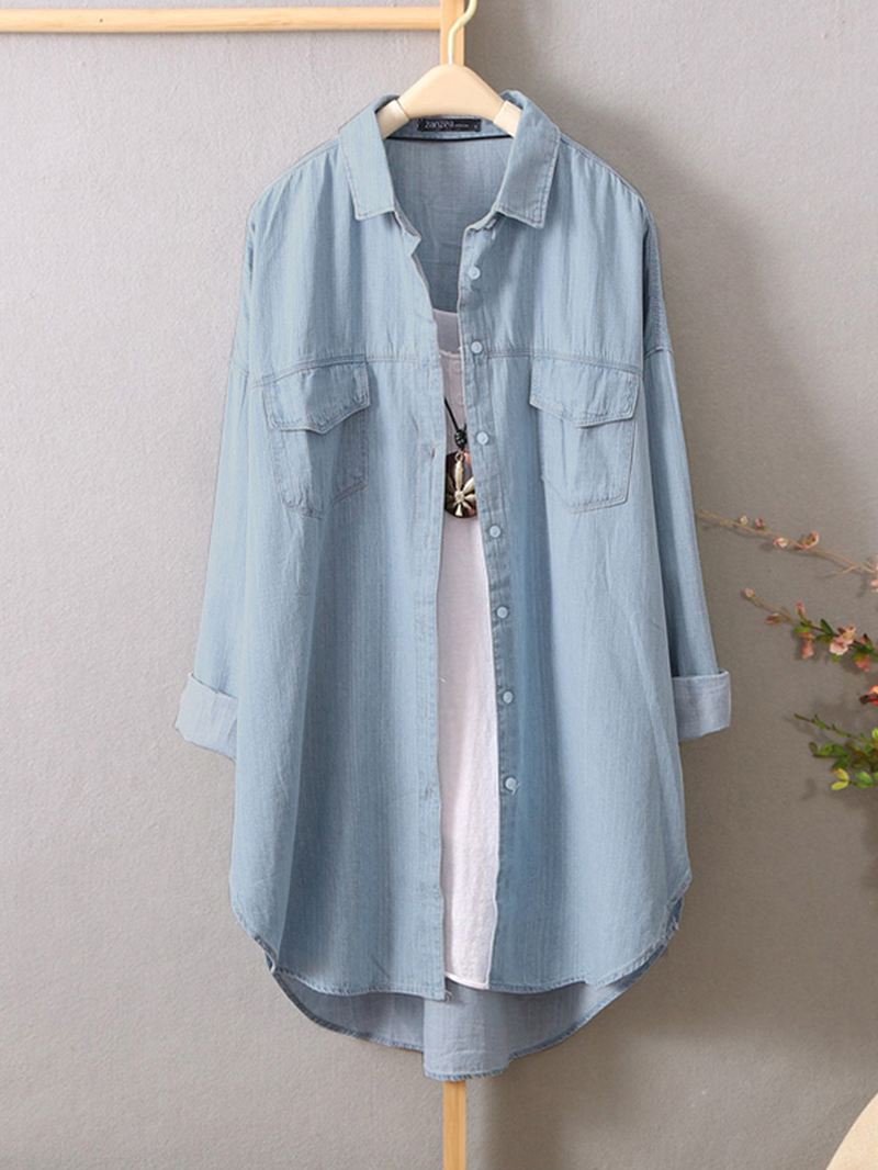 Kvinder Langærmede Button Down Shirts Casual Løs Denim Bluse