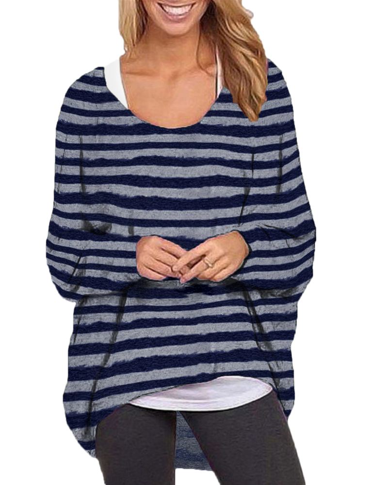 Kvinder Langærmet O-hals Stripe Baggy Høj Lav Hem Casual Bluse