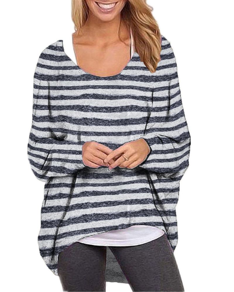 Kvinder Langærmet O-hals Stripe Baggy Høj Lav Hem Casual Bluse