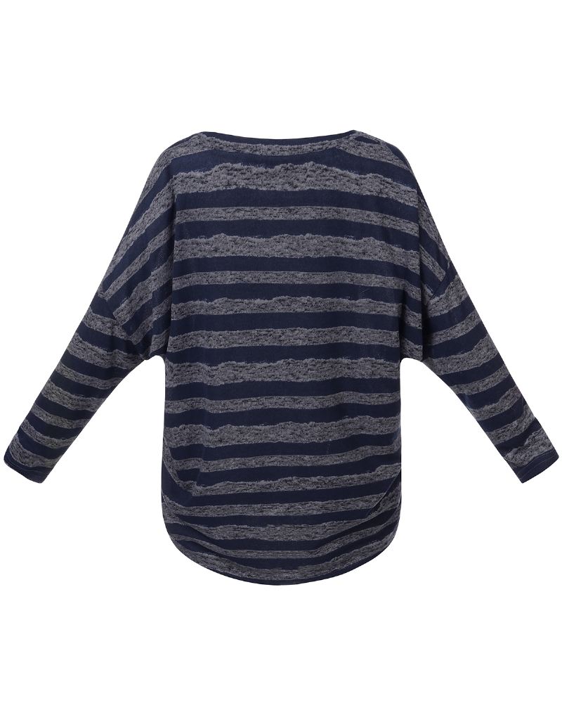 Kvinder Langærmet O-hals Stripe Baggy Høj Lav Hem Casual Bluse