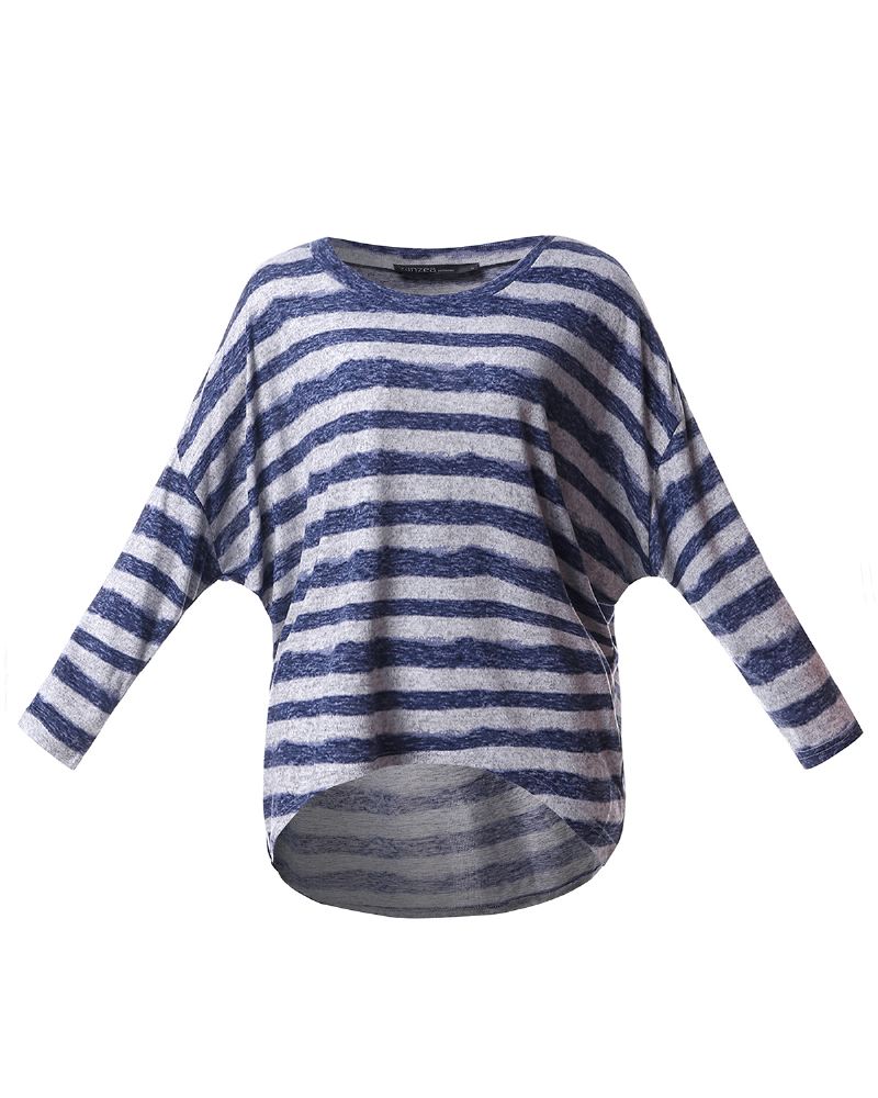 Kvinder Langærmet O-hals Stripe Baggy Høj Lav Hem Casual Bluse