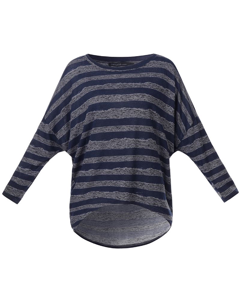 Kvinder Langærmet O-hals Stripe Baggy Høj Lav Hem Casual Bluse