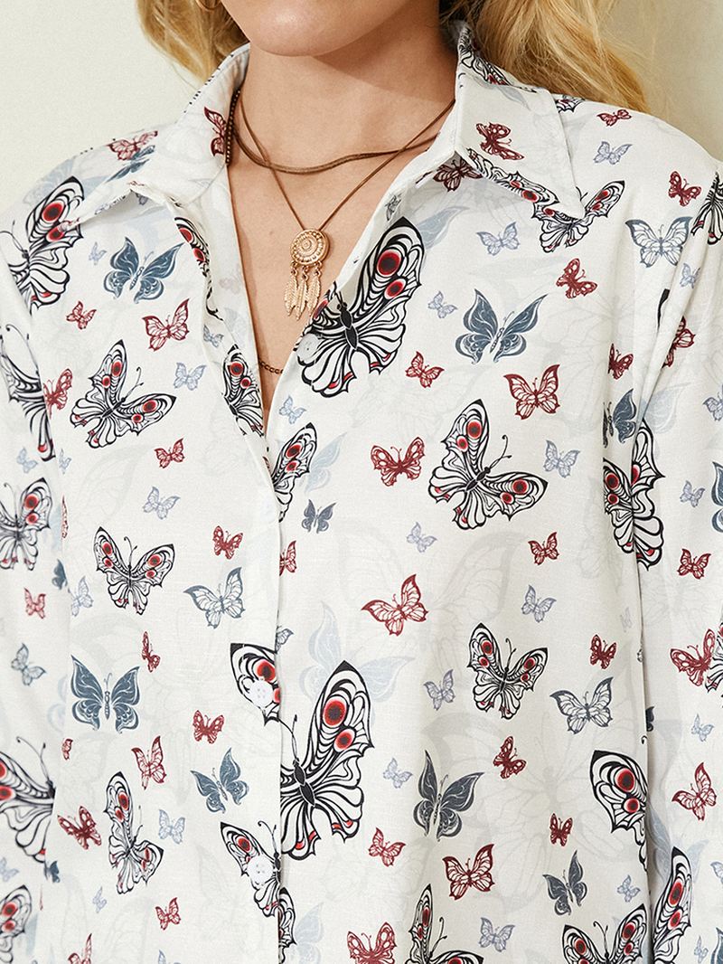 Kvinder Over Alt Butterfly Med Tryk Button Up Hvid Afslappet Skjorte