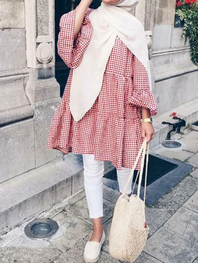 Kvinder Plaid Med Tryk Flare Sleeve Casual Layered Layered Muslim Bluse