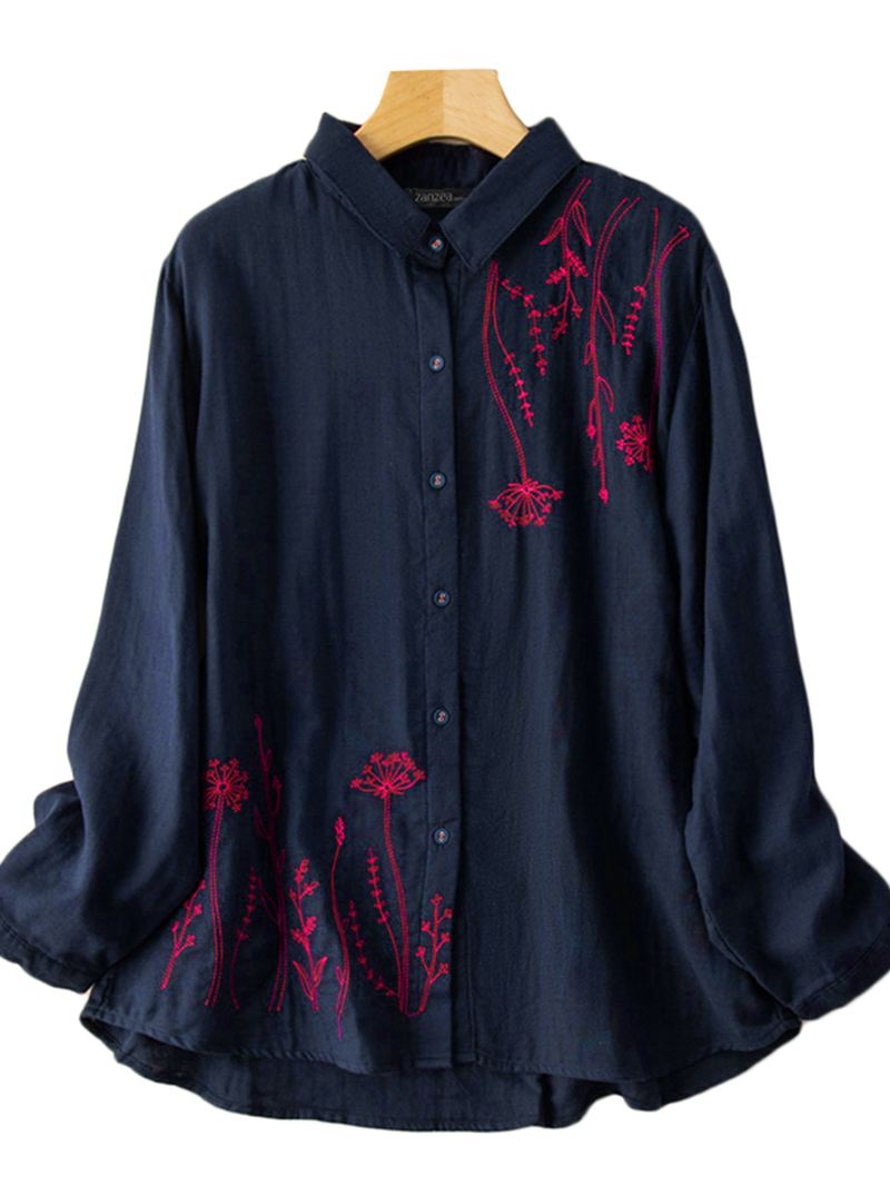 Kvinder Puff Sleeve Blomster Trykt Broderi Button Stand Collar Shirt