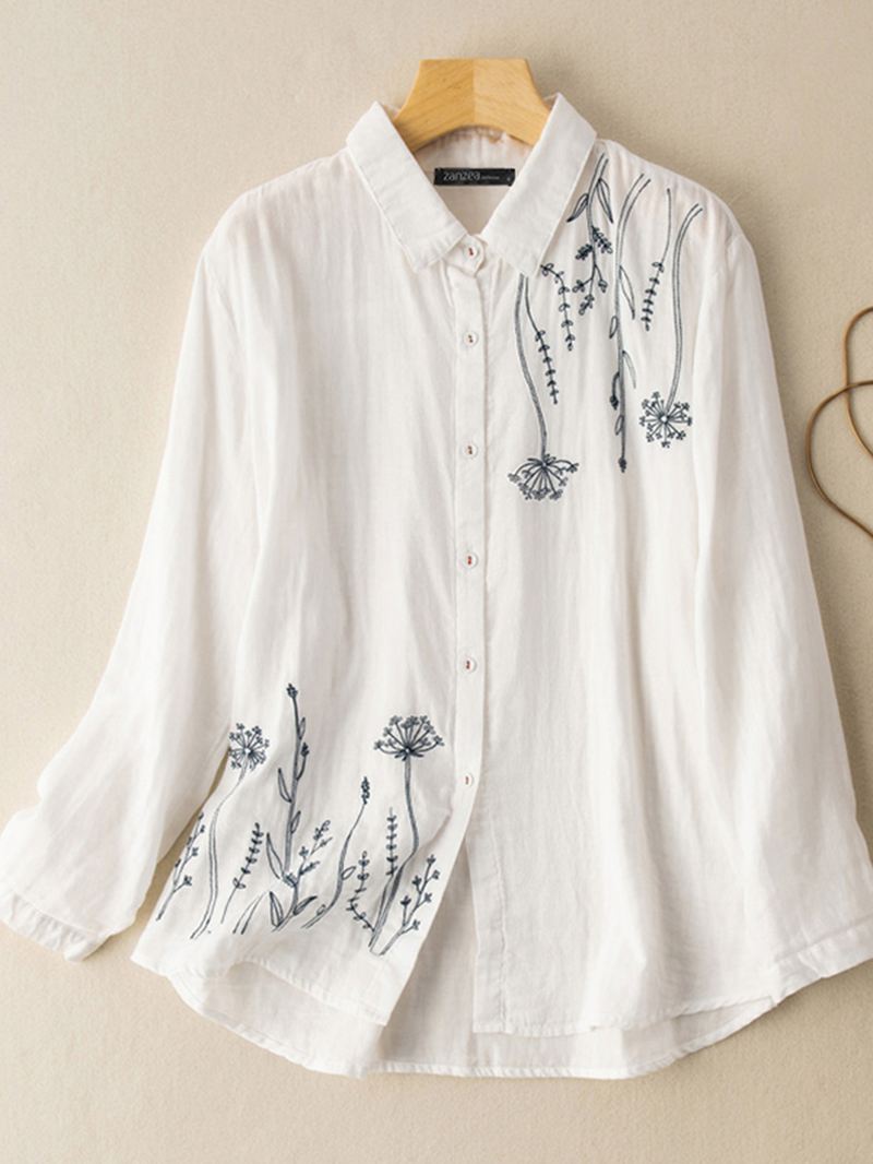 Kvinder Puff Sleeve Blomster Trykt Broderi Button Stand Collar Shirt