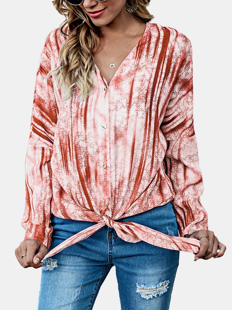 Kvinder Tie Dye Med Tryk Knotted Langærmet Casual Bluse