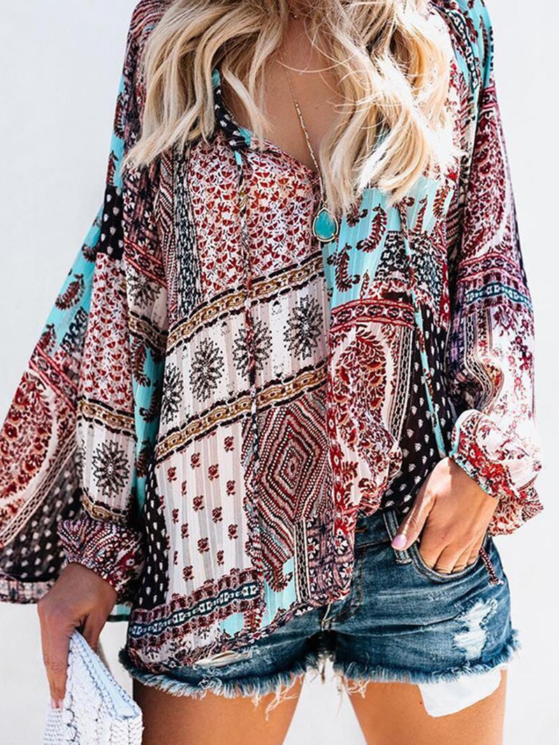 Kvinder V-hals Boho Blomsterprint Bluse