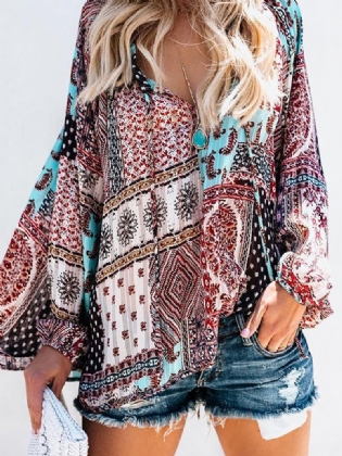 Kvinder V-hals Boho Blomsterprint Bluse