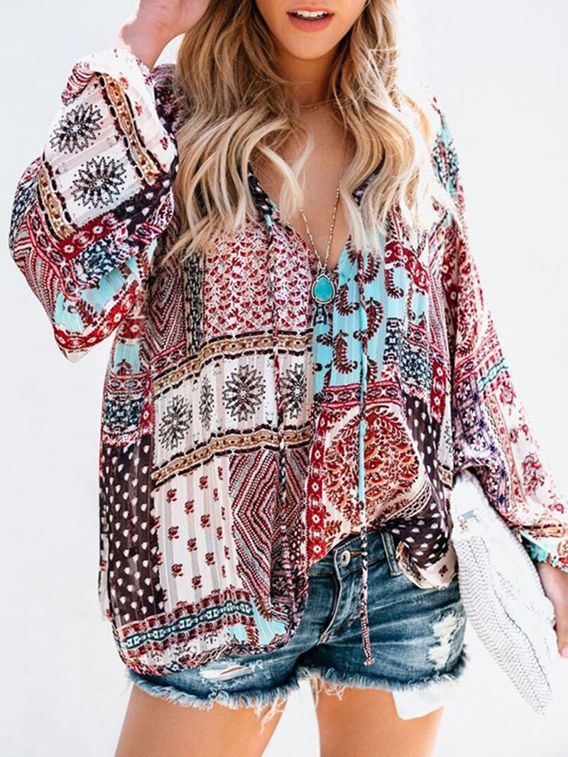 Kvinder V-hals Boho Blomsterprint Bluse