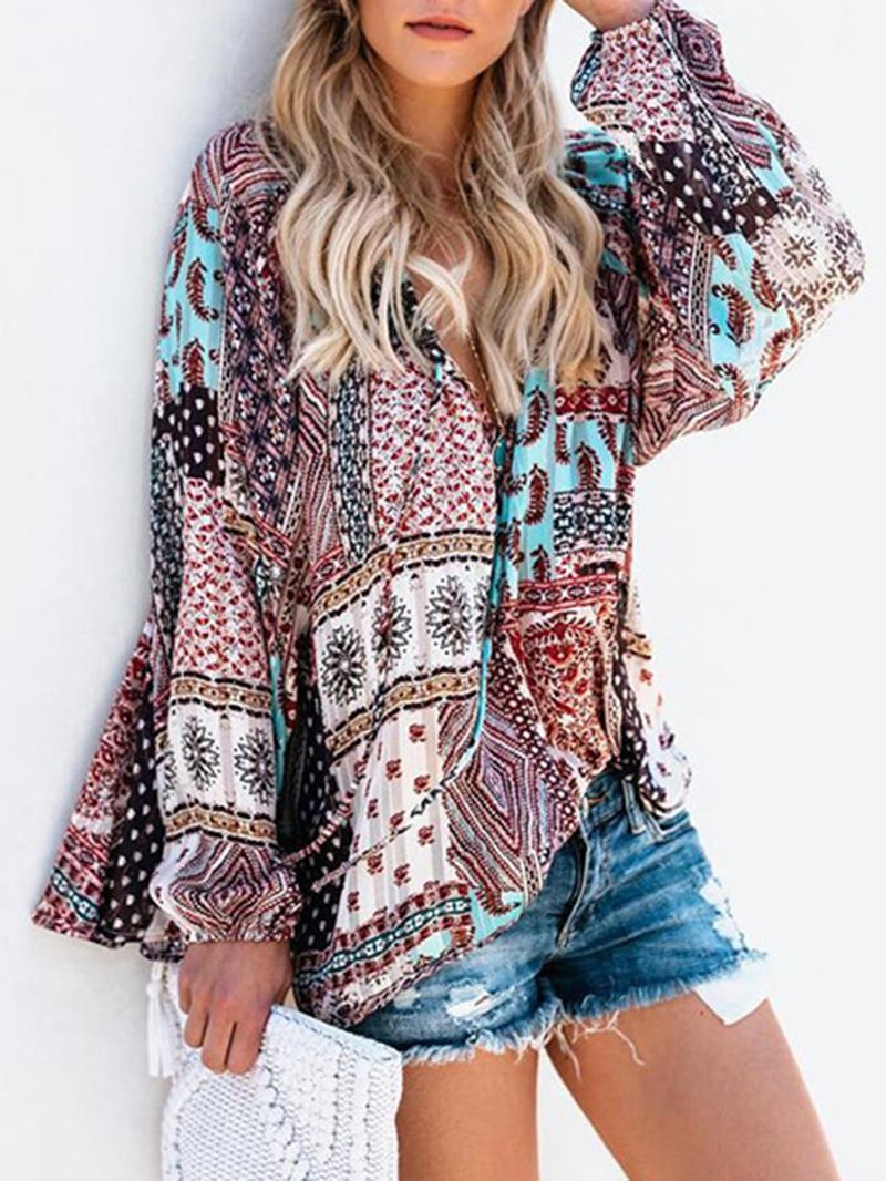 Kvinder V-hals Boho Blomsterprint Bluse