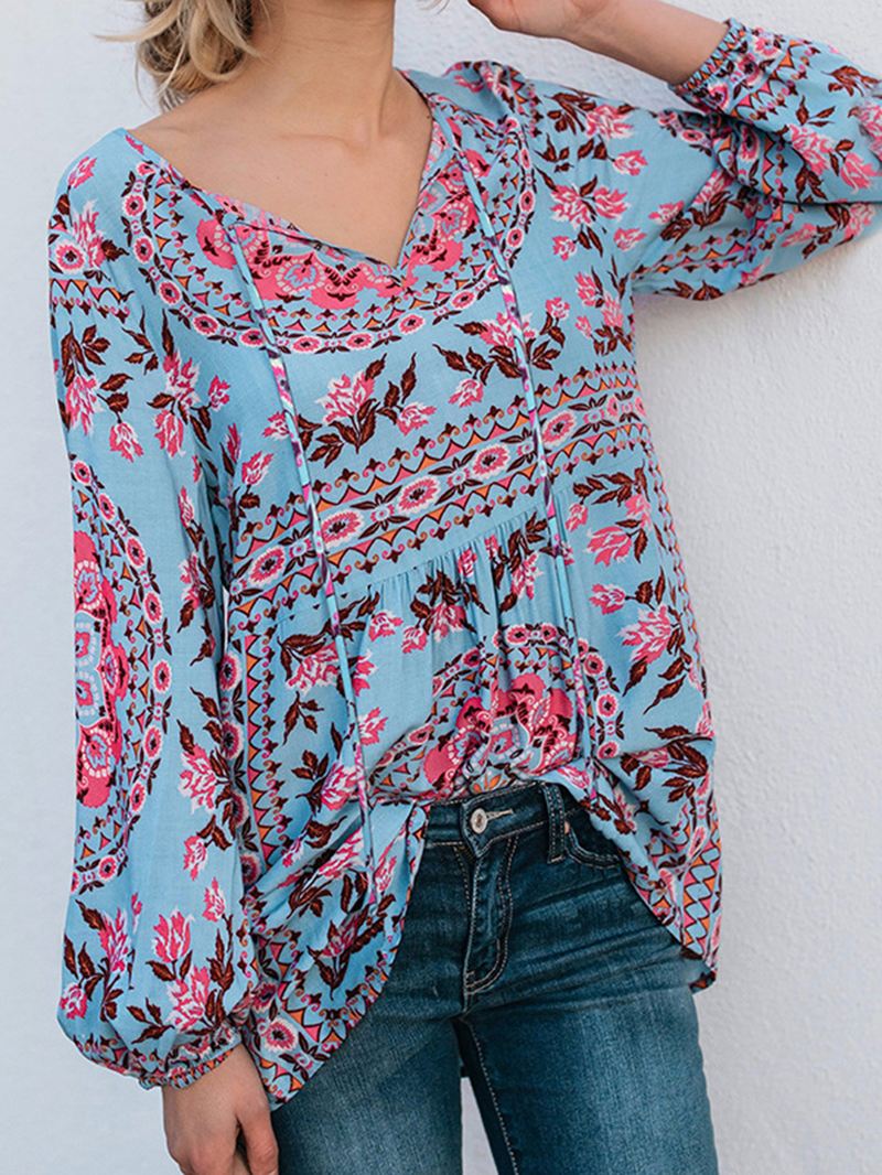 Kvinder V-hals Boho Blomsterprint Bluse