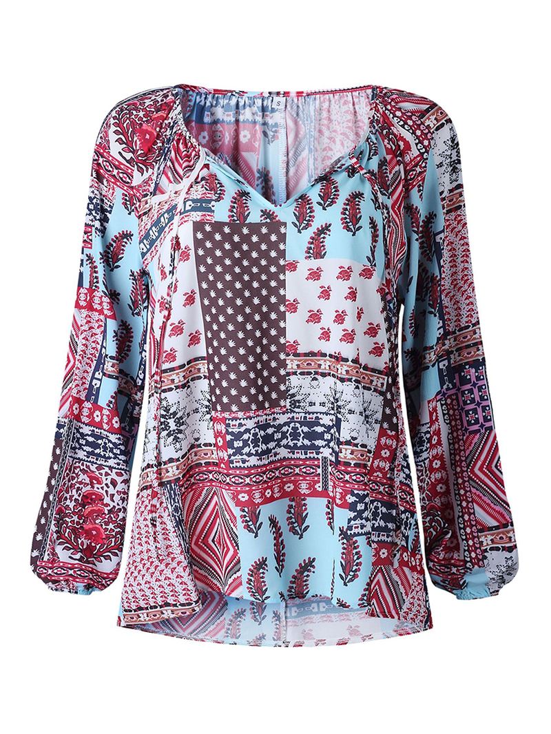 Kvinder V-hals Boho Blomsterprint Bluse