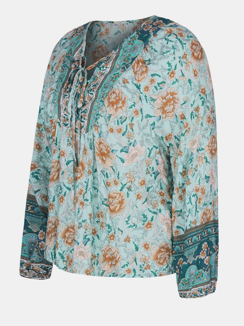 Kvinder Vintage Blomsterprint V-hals Ferie Langærmet Bluse