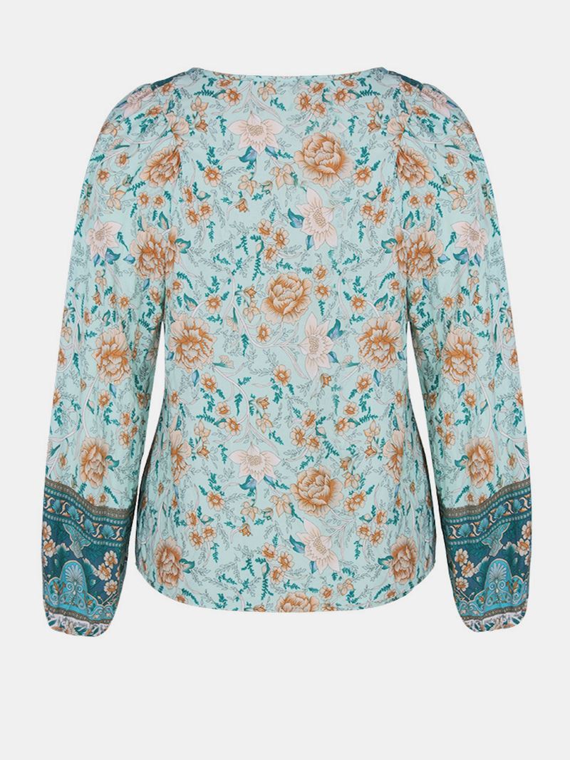 Kvinder Vintage Blomsterprint V-hals Ferie Langærmet Bluse