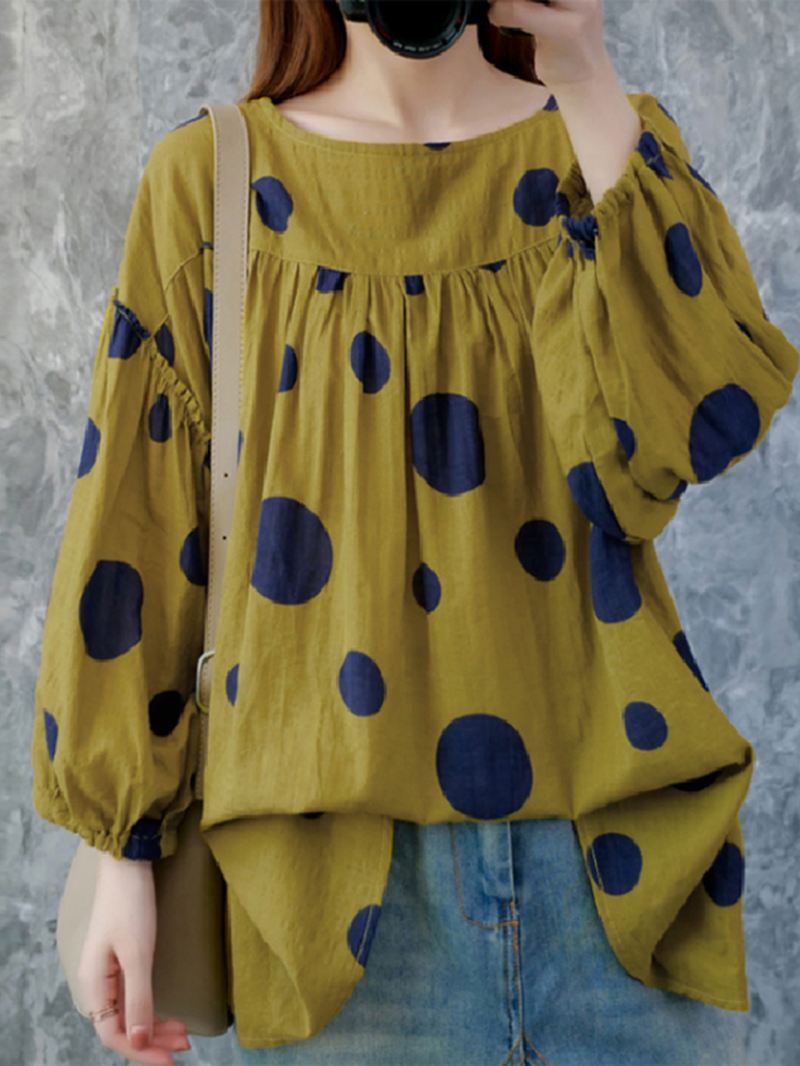 Kvinder Vintage Polka Dot Med Tryk Puff Sleeve Løs Plisseret Bluse