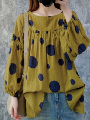 Kvinder Vintage Polka Dot Med Tryk Puff Sleeve Løs Plisseret Bluse