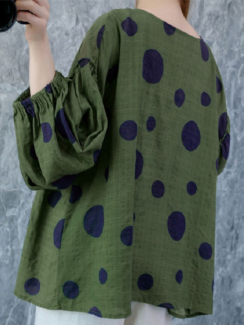 Kvinder Vintage Polka Dot Med Tryk Puff Sleeve Løs Plisseret Bluse