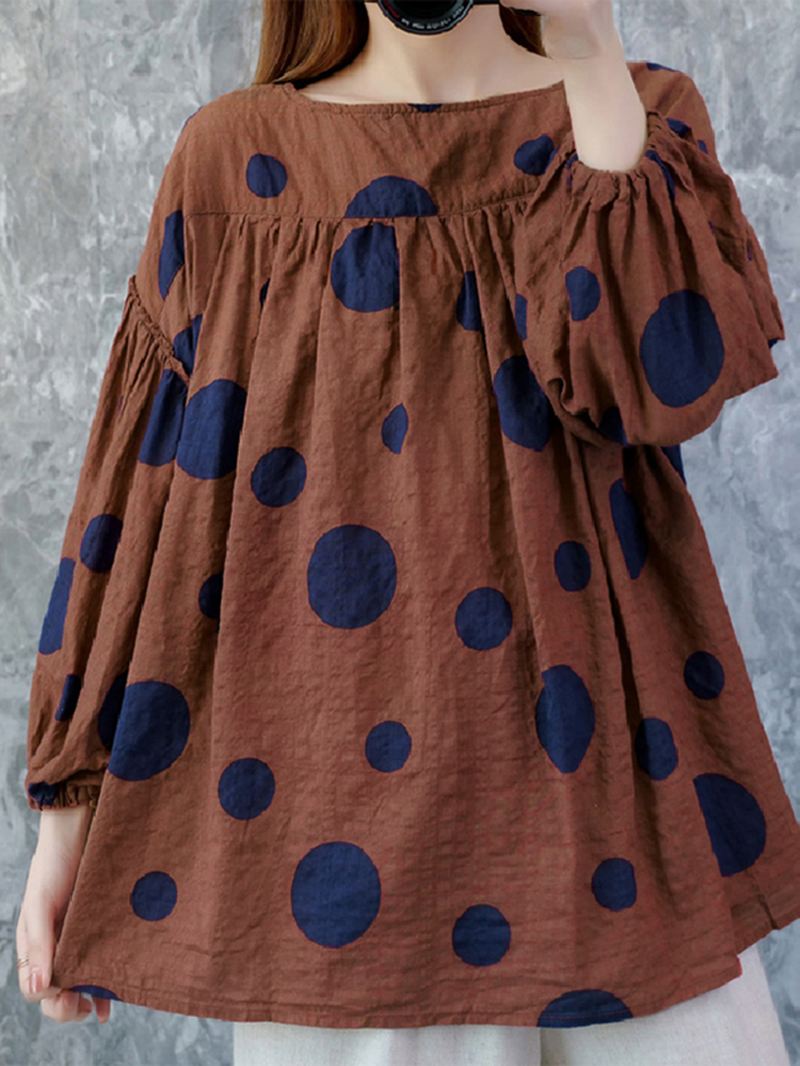 Kvinder Vintage Polka Dot Med Tryk Puff Sleeve Løs Plisseret Bluse