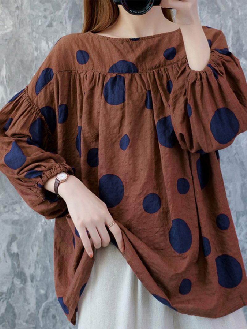 Kvinder Vintage Polka Dot Med Tryk Puff Sleeve Løs Plisseret Bluse