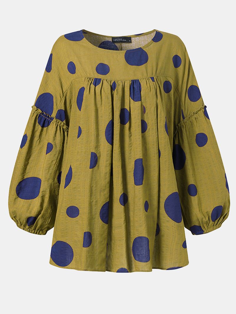 Kvinder Vintage Polka Dot Med Tryk Puff Sleeve Løs Plisseret Bluse