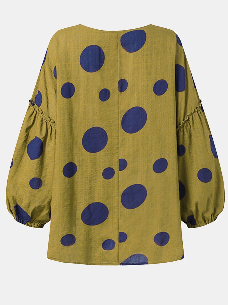 Kvinder Vintage Polka Dot Med Tryk Puff Sleeve Løs Plisseret Bluse