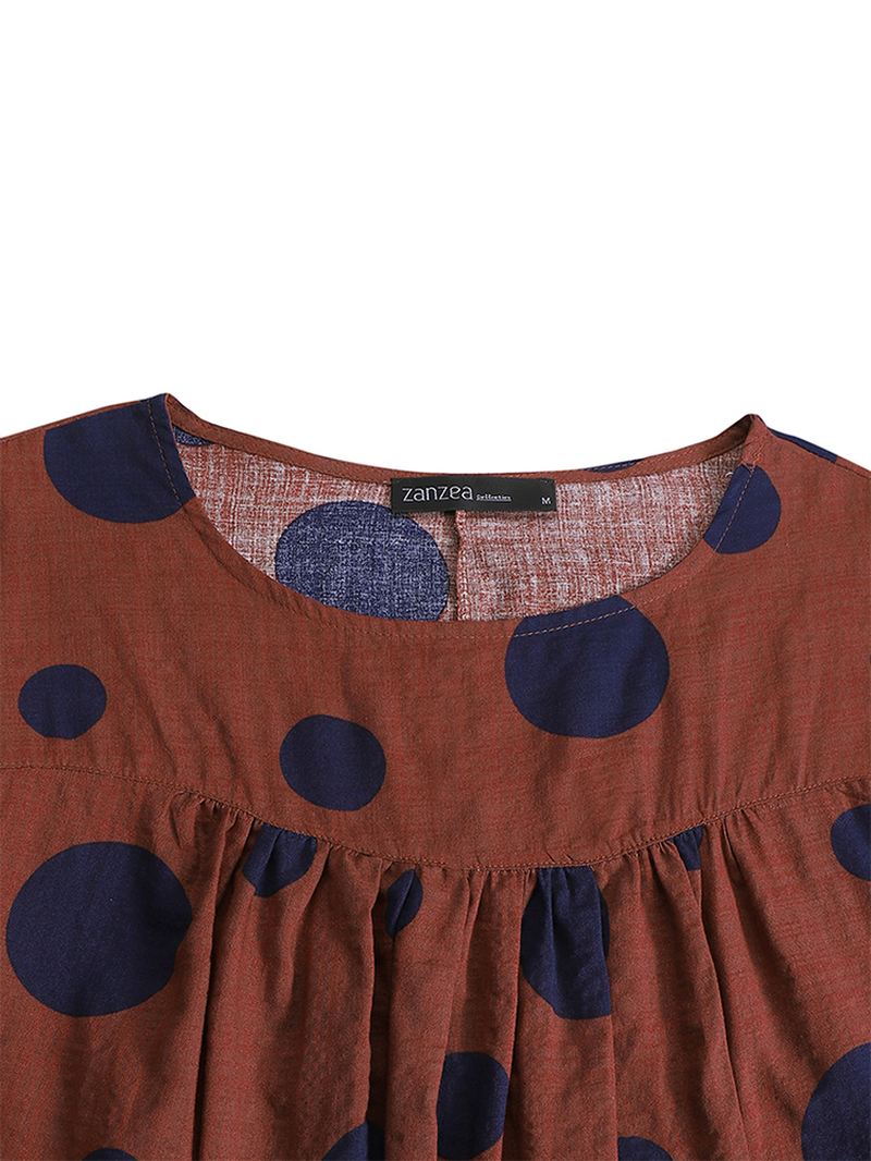 Kvinder Vintage Polka Dot Med Tryk Puff Sleeve Løs Plisseret Bluse