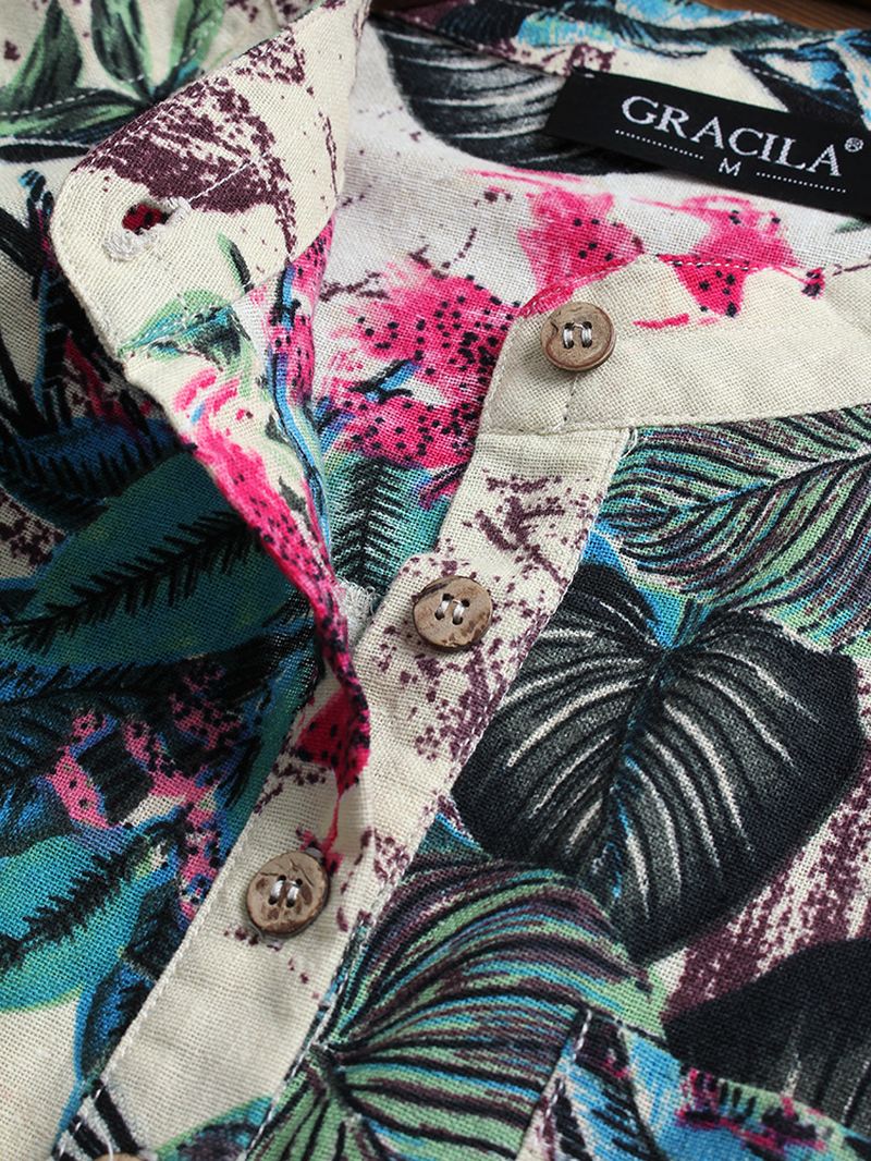 M-5xl Kvinder Retro Buttons Langærmet Bomuld Vintage Blomsterbluse