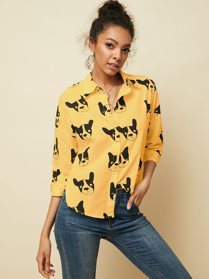 Tegneserie Hund Animal Med Tryk Button Down Langærmet Uregelmæssig Hem Casual Bluse Til Kvinder