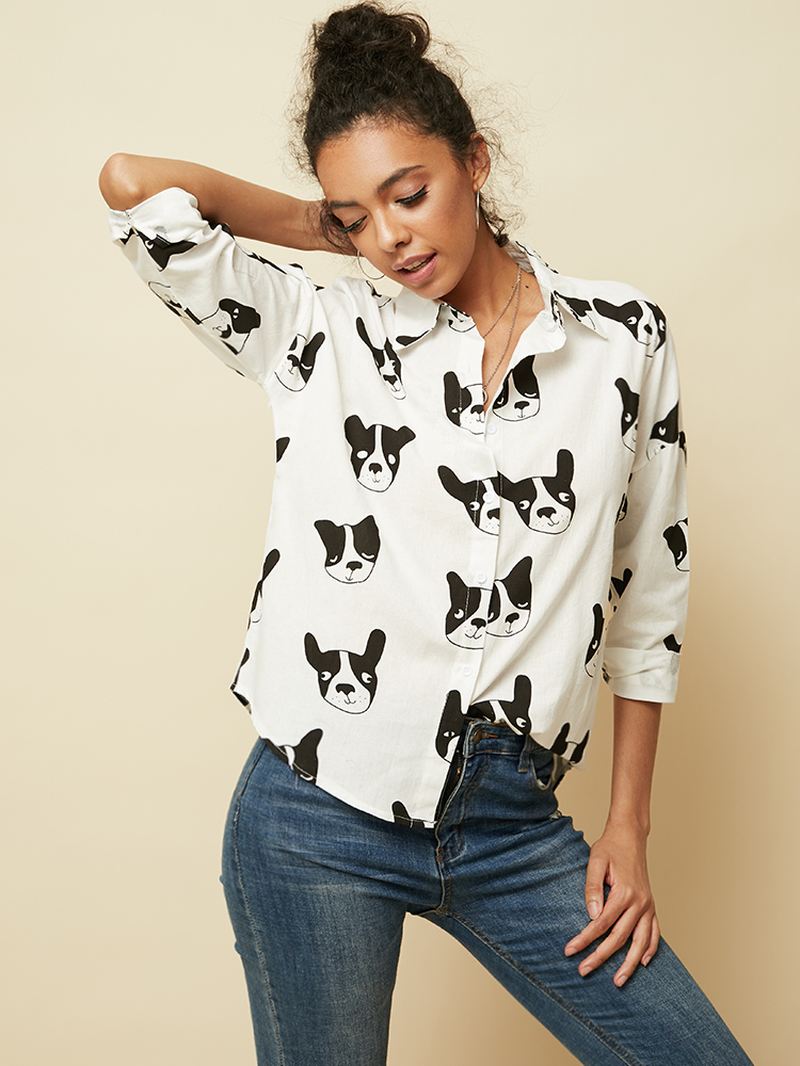 Tegneserie Hund Animal Med Tryk Button Down Langærmet Uregelmæssig Hem Casual Bluse Til Kvinder