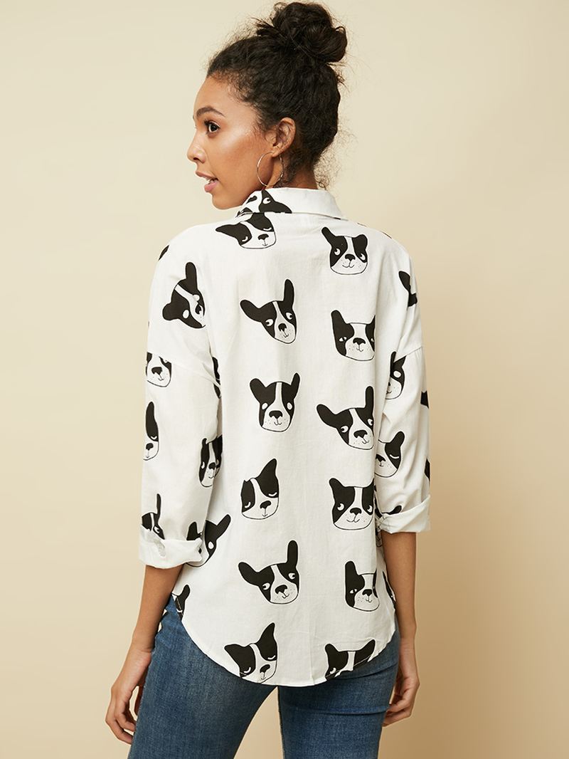 Tegneserie Hund Animal Med Tryk Button Down Langærmet Uregelmæssig Hem Casual Bluse Til Kvinder