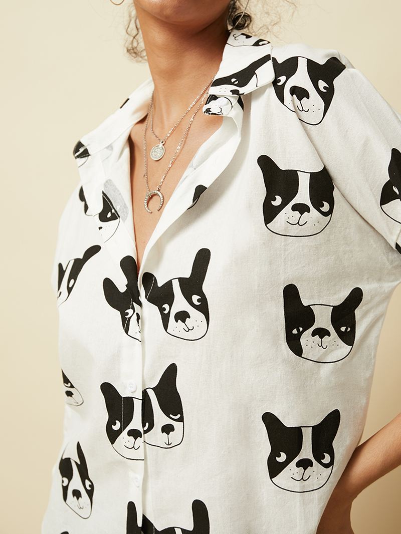 Tegneserie Hund Animal Med Tryk Button Down Langærmet Uregelmæssig Hem Casual Bluse Til Kvinder