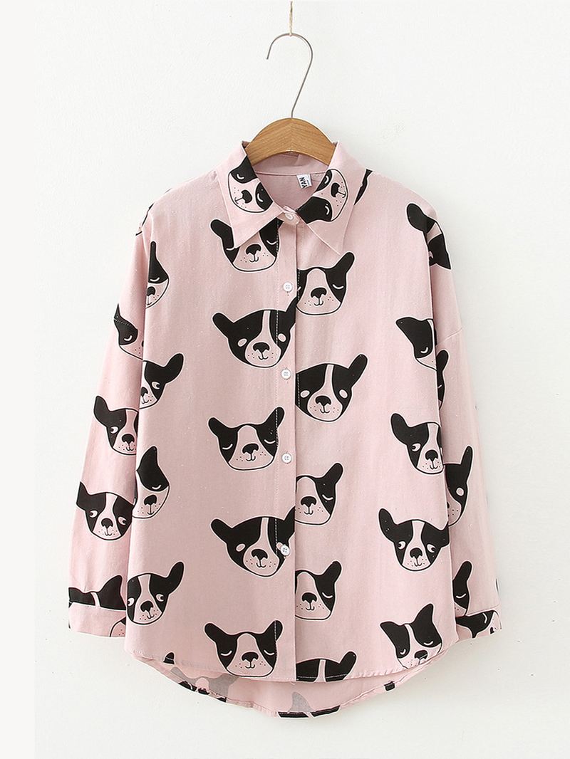 Tegneserie Hund Animal Med Tryk Button Down Langærmet Uregelmæssig Hem Casual Bluse Til Kvinder