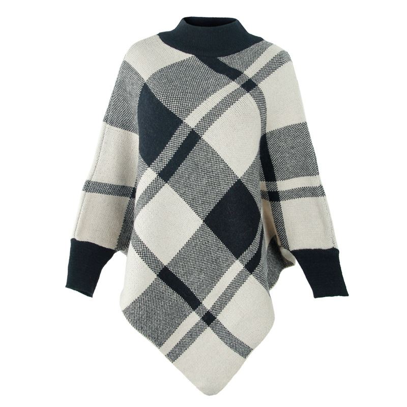 Color Block Check Cape Bat Sleeve Pullover Strik Sjal