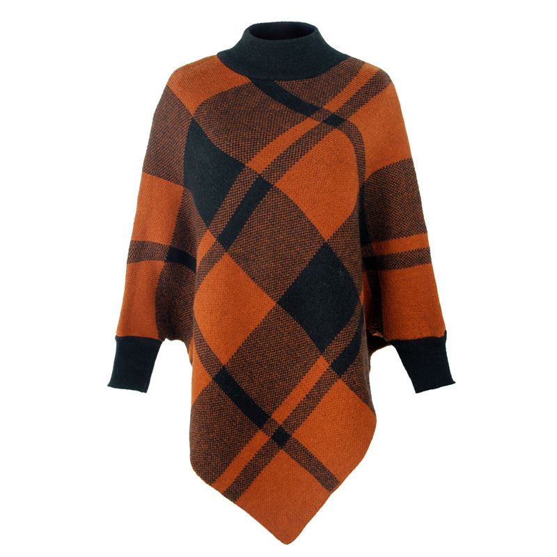 Color Block Check Cape Bat Sleeve Pullover Strik Sjal