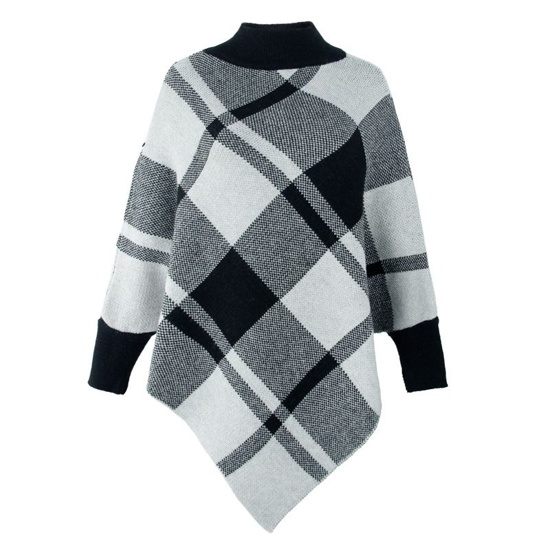 Color Block Check Cape Bat Sleeve Pullover Strik Sjal