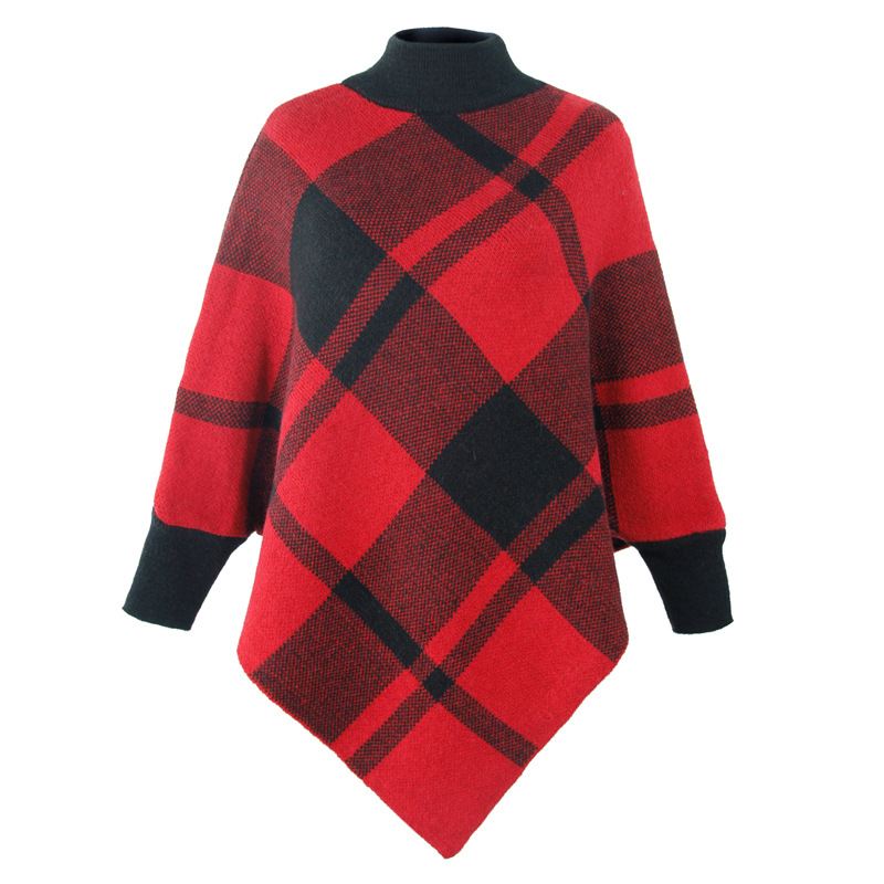 Color Block Check Cape Bat Sleeve Pullover Strik Sjal