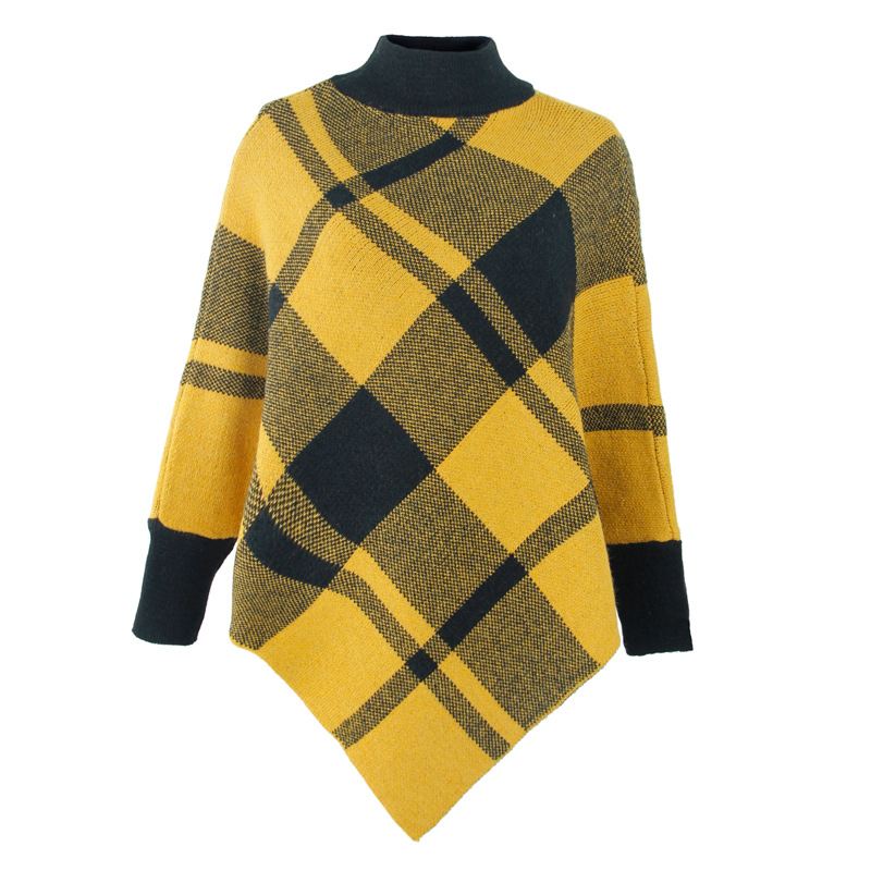 Color Block Check Cape Bat Sleeve Pullover Strik Sjal