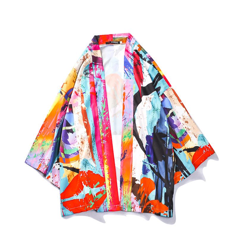 Japansk Tang Suit Farve Graffiti Road Robe Solcreme Frakke Trekvart Ærmet Par Mand Kimono Løs Tynd Sektion