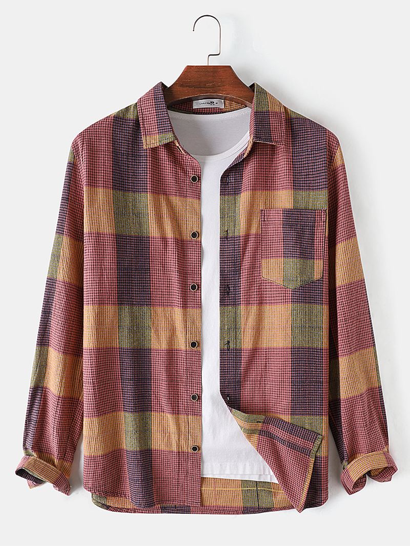 Herre 100% Bomuld Farverige Plaid Langærmede Pocket Casual Skjorter