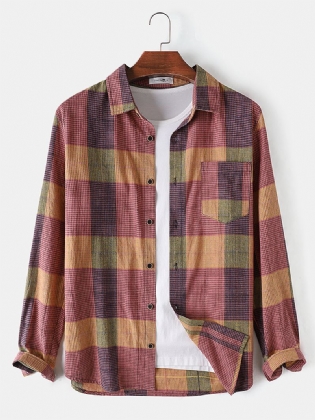 Herre 100% Bomuld Farverige Plaid Langærmede Pocket Casual Skjorter